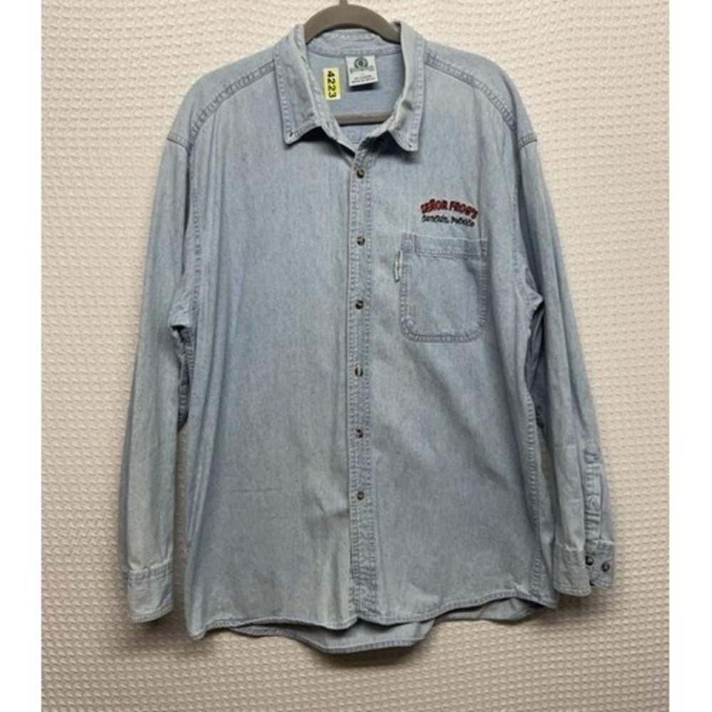 VTG Senor Frogs Embroidery Novelty Long Slv Button Up Denim Shirt Men XL  Mexico